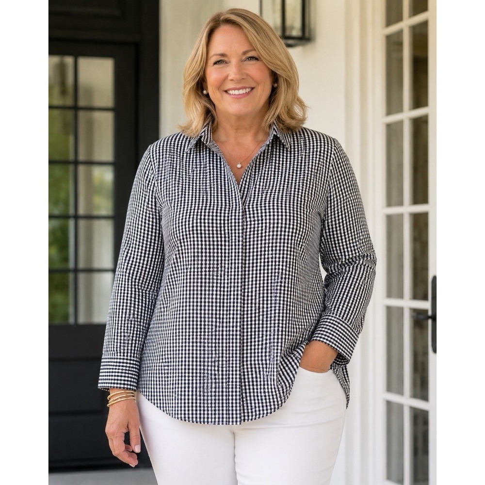 Chic Gingham Tunic Blouse Women‎ XL Old Money Coastal Black And White Minimalist